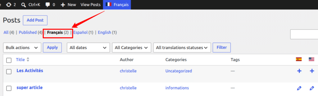 WordPress posts list showing language views with post counts and status filters.