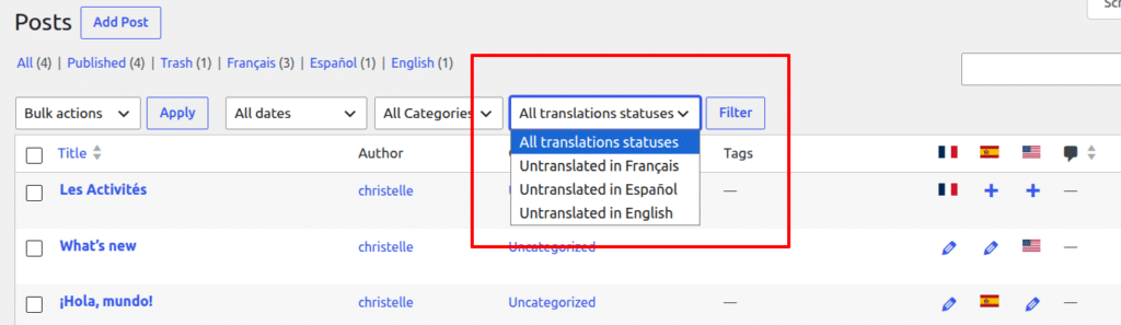 The new translation status filter makes it easier to find posts that have not yet been translated into a selected language.