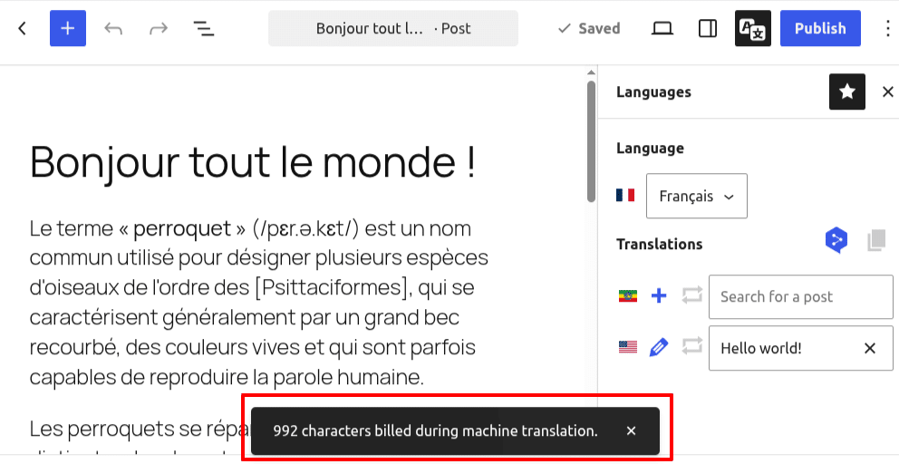 Notice showing the number of DeepL characters consumed after saving a translation