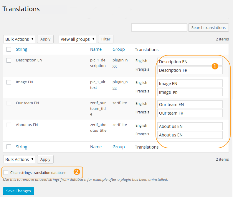 The translations column and the clean strings translation database option.