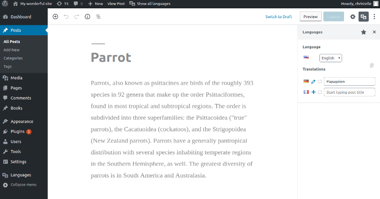 the block editor page featuring the language metabox