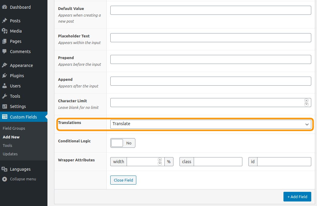 Polylang Pro 2.8 add a "Translations" fields into ACF Pro custom fields groups interface.