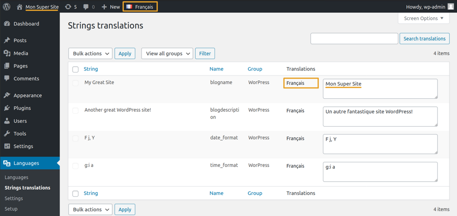 The options translations are displayed in the admin dashboard.