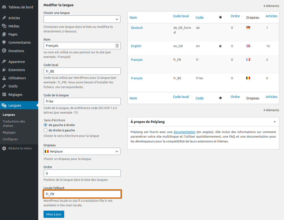 The Languages settings page includes a Locale Fallback field.