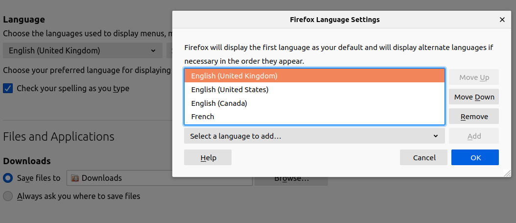 The Firefox Language settings window