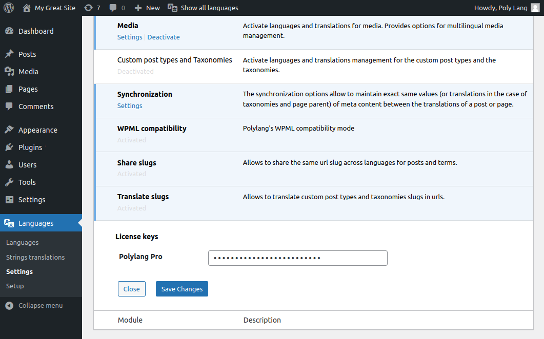 The polylang settings page now hides the license key